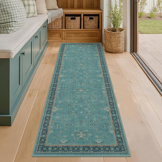 Boho 2'6"x8' Wide Hallway Runner Rugs - Teal 8ft Long Washable Door Rugs for Entryway Indoor, Non Slip with Rubber Backing, Vintage Floral Indoor Décor, Low Pile & Soft Carpet