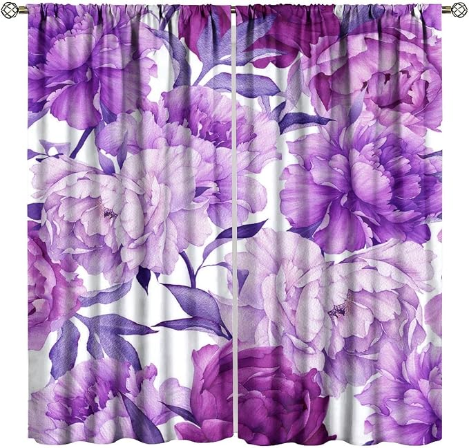 Floral Blackout Window Curtain Purple Blooming Flowers Style Print for Home Kitchen Restaurant Decoration Window Drapes 2Panel 84" W X 84" L