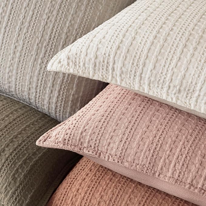 Foindtower Set of 2 Decorative Cotton Waffle Weave Throw Pillow Covers Euro Shams Cushion Covers Accent European Pillowcase for Bed Couch Sofa Bedroom Living Room Home Decor 22×22 Inch Dusty Pink