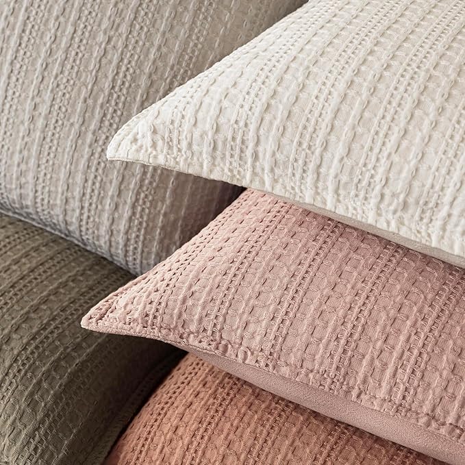 Foindtower Set of 2 Decorative Cotton Waffle Weave Throw Pillow Covers Euro Shams Cushion Covers Accent European Pillowcase for Bed Couch Sofa Bedroom Living Room Home Decor 18×18 Inch Dusty Pink