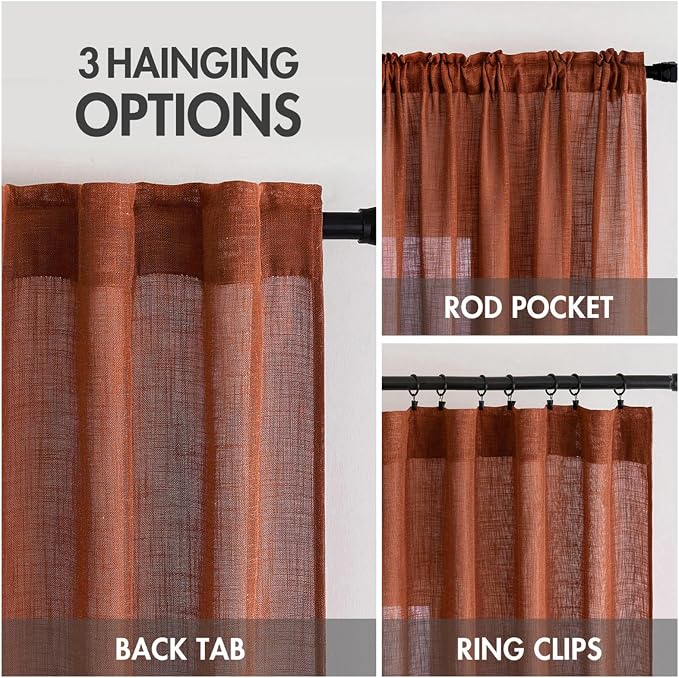 MIULEE Burnt Orange Linen Curtains 72 Inch Length 2 Panels for Bedroom Living Room, Soft Thick Linen Textured Window Drapes Semi Sheer Light Filtering Back Tab Rod Pocket Fall Decor, W37xL72