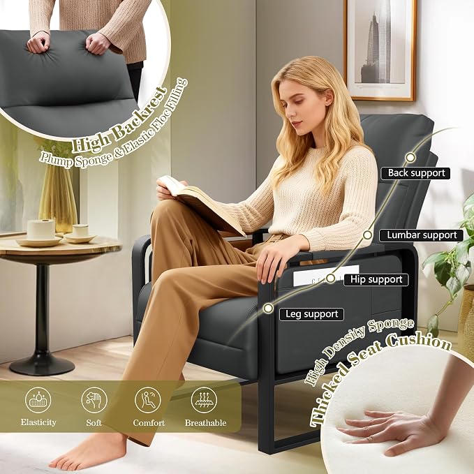 Modern Faux Leather Accent Chair Upholstered Armchair with Side Table for Bedroom Living Room Chairs Office Chair Grey Leisure Chair