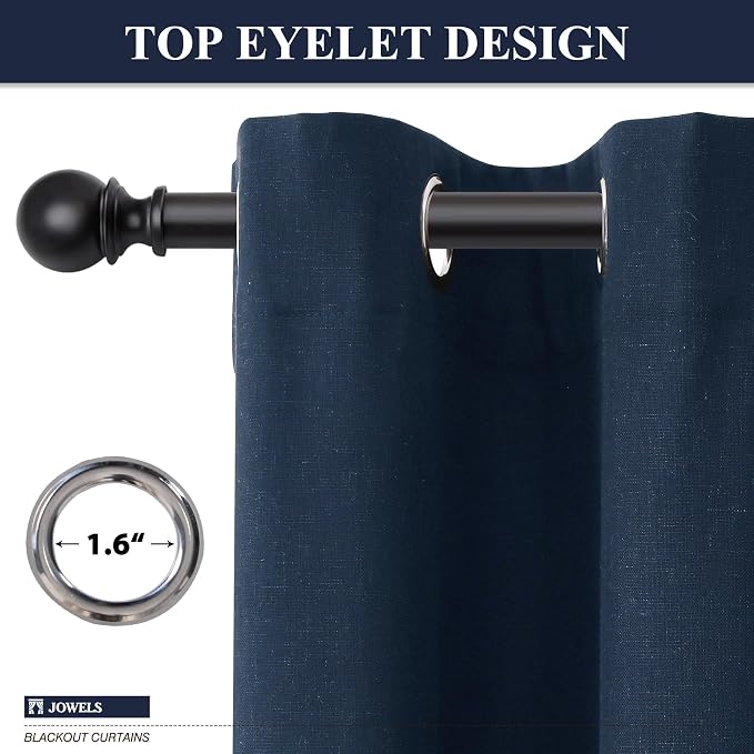 Jowels Retro Blue Linen Blackout Curtains 102 Length 2 Panels Set for Living Room Bedroom, 100% Black Out Thermal Insulated Linen Drapes, Room Darkening Grommet Curtains 102 Inches Long Retro Blue