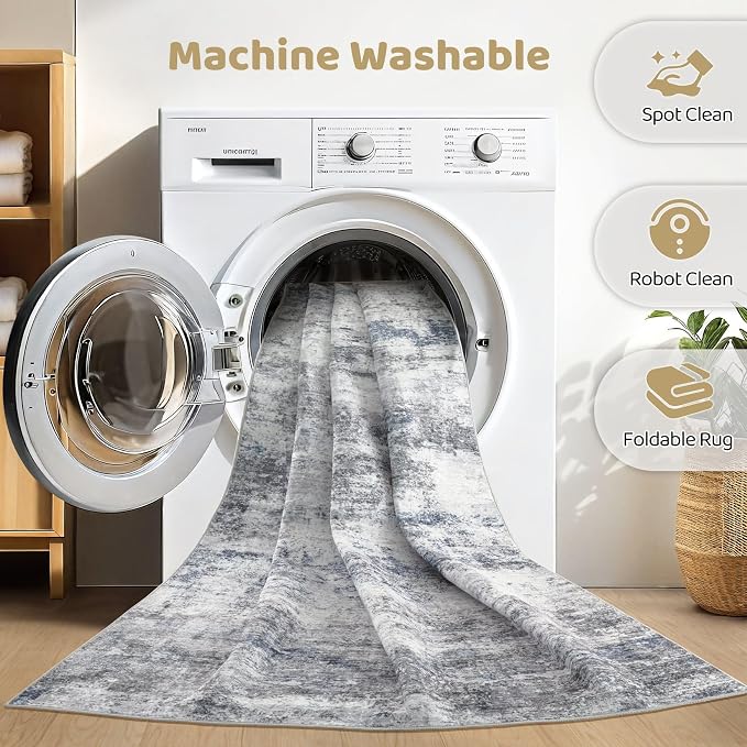 10x14 Area Rugs Living Room: Washable Large Abstract Neutral Modern Soft Rugs Stain Resistant Indoor Floor Non-Slip Accent Carpet for Bedroom Nursery Playroom Office Dining Room Home Decor- Blue Gray