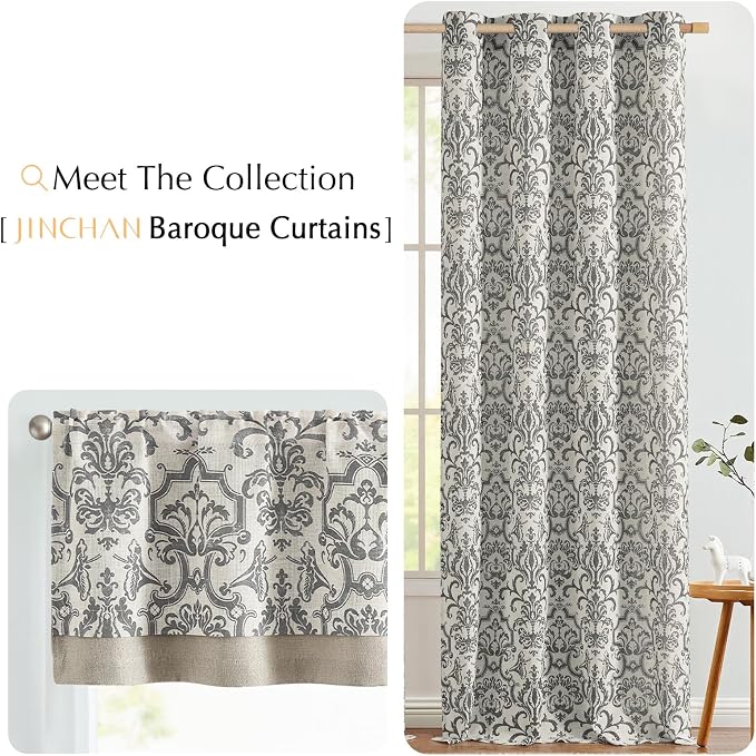 jinchan Linen Valance Curtain for Kitchen Vintage Damask Floral Blackout Valance Double Layer Gray Small Window Curtain for Living Room Bedroom Bathroom 18 Inch Rod Pocket 1 Panel Grey on Beige