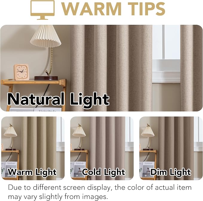 H.VERSAILTEX Linen Curtains 100% Blackout Curtains for Bedroom 108 inch Long Full Light Blocking Nature Linen Blended Window Curtains for Living Room Nickel Grommet (2 Panels, Heathered Sand)