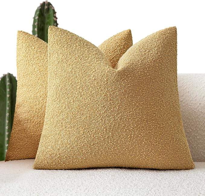 Foindtower Pack of 2, Decorative Textured Boucle Throw Pillow Covers Accent Solid Pillow Cases Cozy Soft Couch Cushion Case for Chair Sofa Bedroom Living Room Home Decor 22x22 Inch Light Yellow