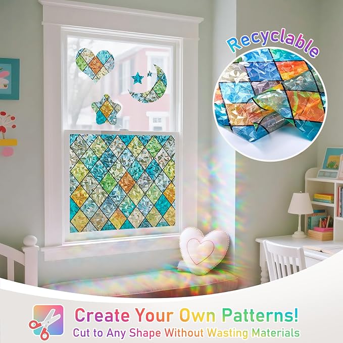 Sunbaby Window Privacy Film Stained Glass Decorative Rainbow Window Cling 3D Static Clings Colorful for Home Decoration, Anti-UV & Heat Control Non-Adhesive (17.5"x78.7")