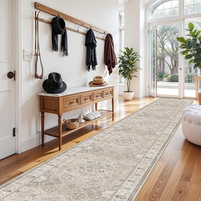 Hallway Washable Runner Rug - 3x20 Kitchen Rugs Entryway Rug Long Runner Vintage Soft Floor Mat Non Slip Indoor Farmhouse Carpet for Bathroom Living Room Bedroom (3 X 20, Beige)