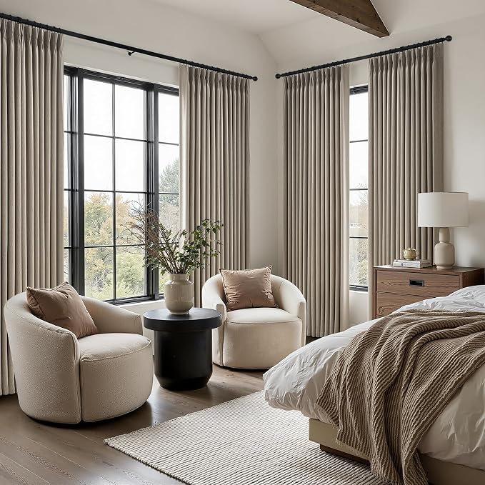 Burlywood Linen Curtains 90 Inch Length 2 Panels for Living Room, Pinch Pleated Light Filtering Semi Sheer Boho Window Drapes for Bedroom Hooks Back Tab Curtain 90 Inches Long Light Tan