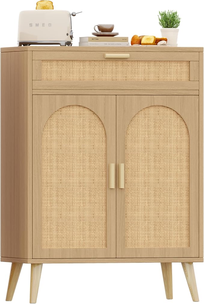 Keehusux Rattan Storage Cabinet with Drawer and 2 Doors, Accent Sideboard Buffet Cabinet with Adjustable Shelf, Solid Wood Feet, Coffee Bar for Kitchen, Living Room, Entryway, Natural Oak