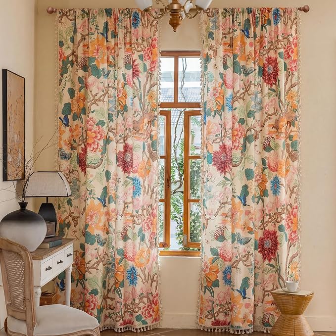 OYX Boho Floral Curtains 96 Inch, Linen Farmhouse Flower Drapes with Lace & Tassels, Light Filtering Semi Sheer Curtains for Living Room Bedroom, 2 Panels