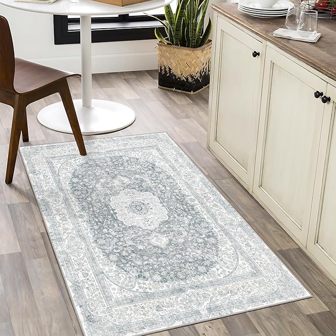 Small Rugs 2x3,Grey Rug for Entryway Bathroom Bedroom Kitchen Entrance Doormat,Boho Vintage Bohemian Distressed Washable Accent Floor Throw Carpet Non Slip,Floral