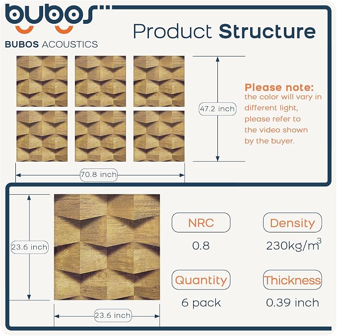 BUBOS 6 Pack Acoustic Wall Panels - High-Density Polyester Sound Absorbing Panels, Decorative Wood Print Treatment for Recording Studio & Home Office, Peel and Stick, 23.6" x 23.6"