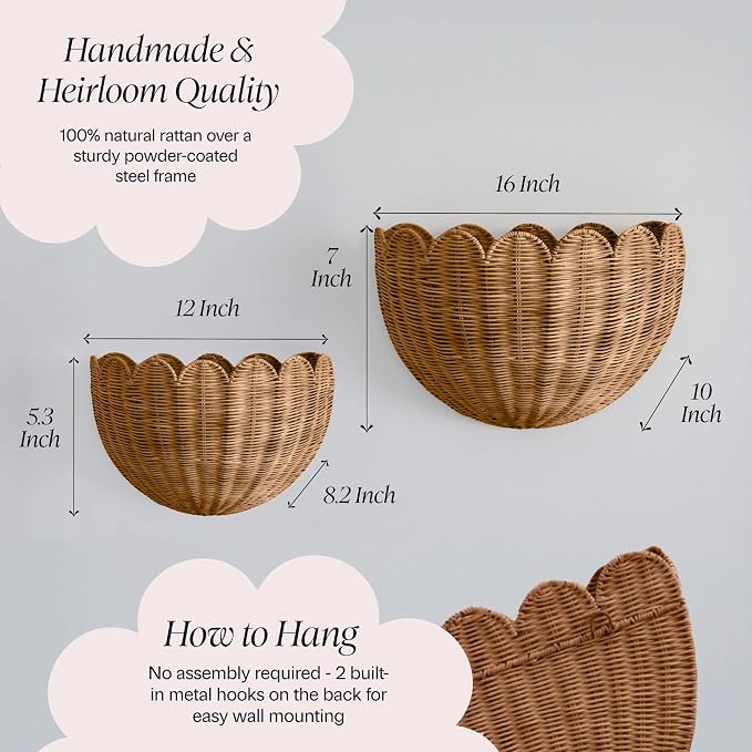 BEBE BASK The Original Scalloped Wicker Wall Basket – Set of 2 – Handwoven Scalloped Wall Baskets (16 x 10 x 7 in), Woven Rattan Wall Hanging Baskets - Mocca Scalloped Basket