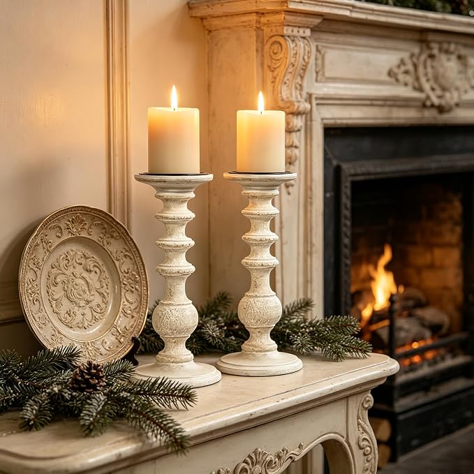 Hosley Set of 2 White Wooden Pillar Candle Holder 11 Inch High Country Style Ideal for Weddings or Parties as Well as Home Decor