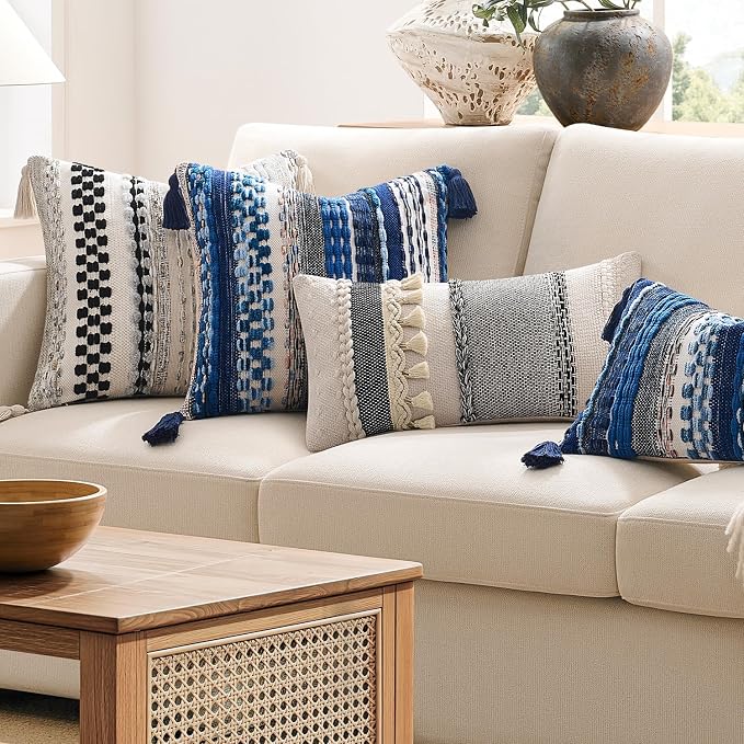 Kevin Textile 12x20 Inch Lumbar Throw Pillow Cover 1 Pack Boho Decorative Cotton Thread Woven Textured Tassel Rustic Farmhouse Rectangle Cushion Cover for Couch Sofa Chair Bed, Blue