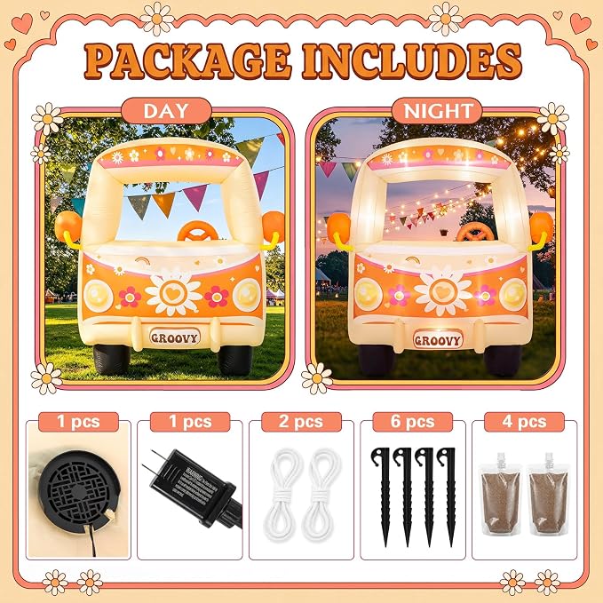 Soulchen 6FT Inflatable Hippie Bus with LED Lights and Powerful Blower Retro 60s 70s Boho Groovy Party Decoration Photo Booth Selfie Frame for Birthday Baby Shower Carnival