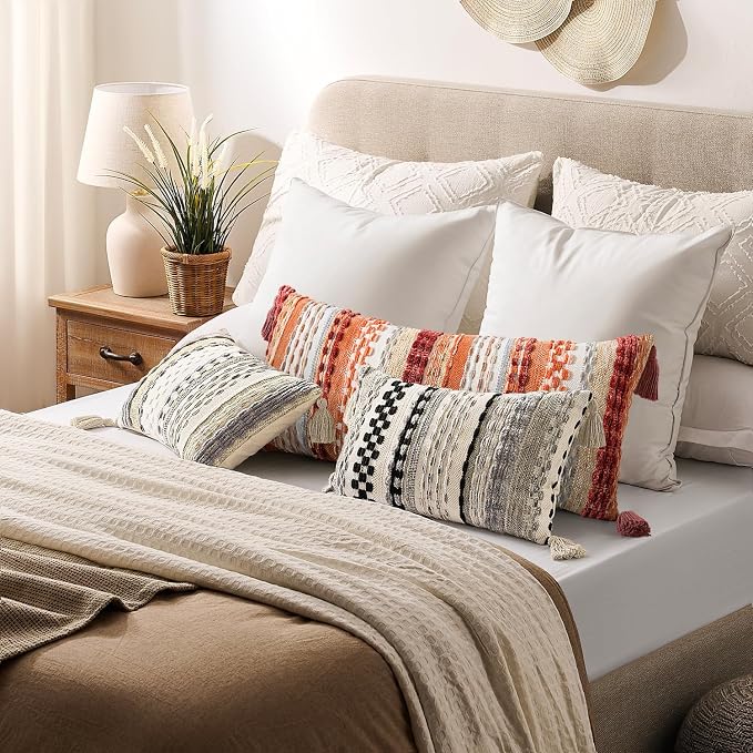 Kevin Textile 14x36 Inch Long Lumbar Pillow Cover 1 Pack Fall Boho Decorative Rectangle Cushion Case Throw Soft Chenille Thread Woven Tufted Textured for Living Room Couch Sofa Bed, Burnt Orange