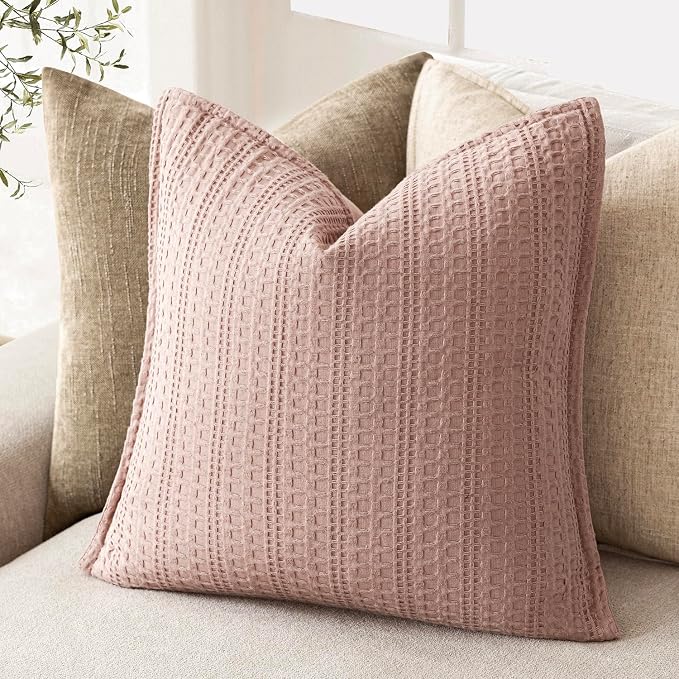 Foindtower Set of 2 Decorative Cotton Waffle Weave Throw Pillow Covers Euro Shams Cushion Covers Accent European Pillowcase for Bed Couch Sofa Bedroom Living Room Home Decor 22×22 Inch Dusty Pink