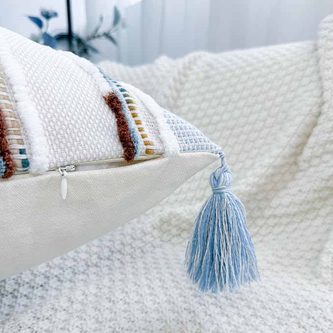 NUYECY Chenille and Cotton Long Pillow for Bed,Striped Textured Boho Long Lumbar Throw Pillow Cover 14x36,Neutral Accent Decorative Body Pillow Case for Couch Sofa Bedroom,Light Blue Earth Tones