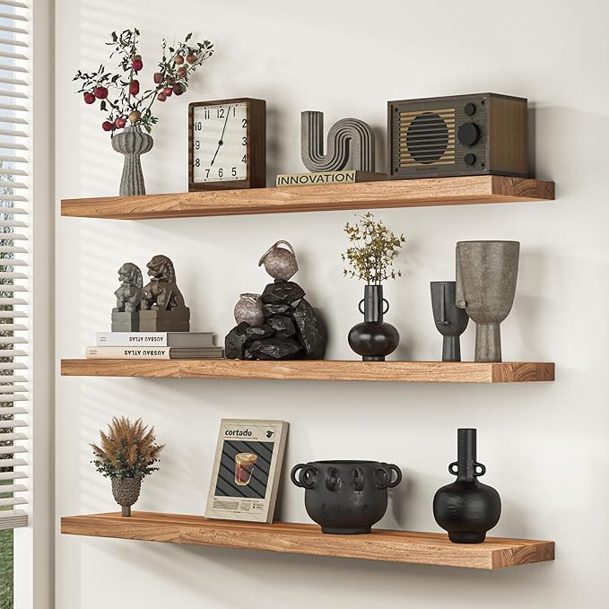 Fun Memories Floating Shelves for Wall, 24"x9.3" Rustic Solid Elm Wood Shelves, Heavy-Duty Wall Mounted Shelves with Invisible Brackets, Set of 2 for Living Room, Bedroom, Kitchen, Natural Finish