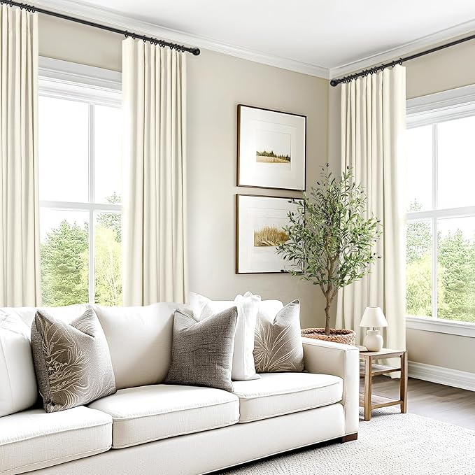 INOVADAY 100% Blackout Curtains for Bedroom, Black Out Curtains 96 Inch Long, Clip Rings Linen Blackout Drapes, Thermal Insulated Room Darkening for Living Room, 2 Panels - Lightcream,W50xL96