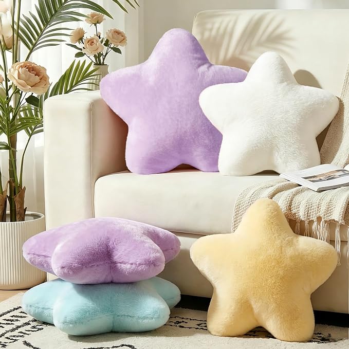 19 Inch Star Shaped Pillow Large Cute Decorative Throw Pillows for Couch Bed Sofa, Aesthetic Soft Faux Fur Floor Cushions for Living Room Bedroom Decor (Light Purple, 19" x 19")