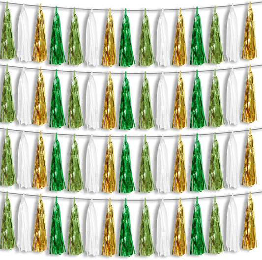 4P Sage-Green Beige-Mint Gold Foil Fringe Metallic Tassel Garland Banner, Tassels Banner Streamers for Parade Floats, Bachelorette, Wedding, Birthday, Christmas, Bridal/Baby Shower Party Decorations
