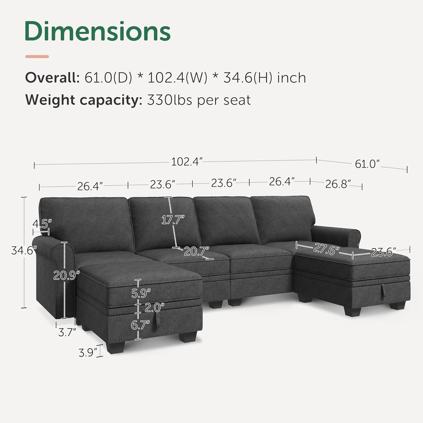 HONBAY Sectional Sofa with Storage Seat U Shaped Couch with Reversible Chaise Convertible Sectional Couches for Living Room,Dark Grey