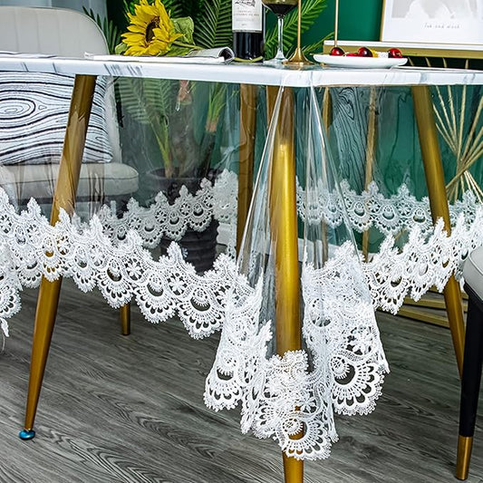 Jeloris Plastic Clear Rectangle Tablecloth Vinyl PVC Waterproof Tablecloth Embroidered Lace Edge Transparent Table Cover for Kitchen Dining Coffee Table (60x94 inch, White)
