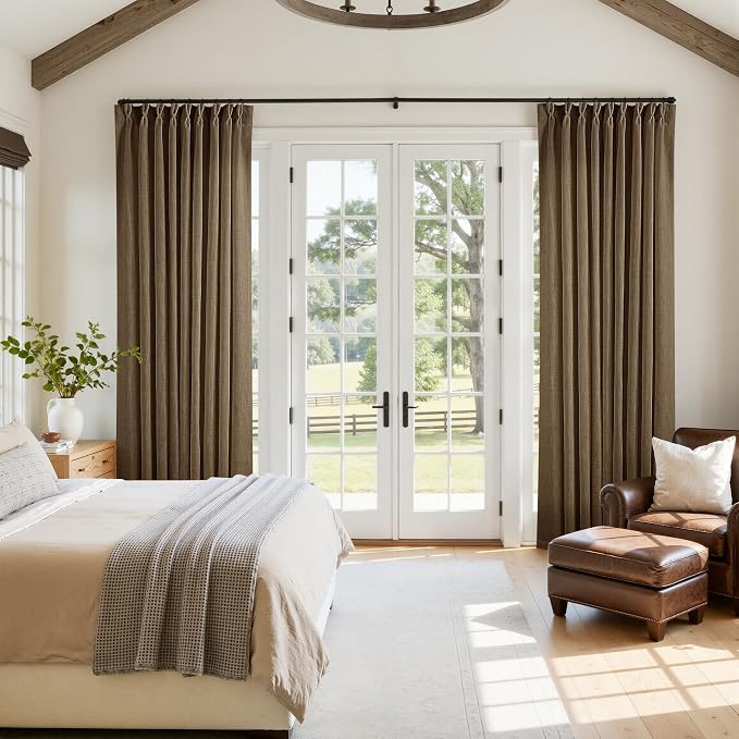 TWODRAPES 60 Inch Width Curtains 92 Inches Long Linen Pinch Pleated Curtains for Living Room Bedroom Semi Sheer Back Tab Hooks Rings Extra Wide Pinch Pleat Drapes for Patio Glass Dutch Cocoa 1 Panel