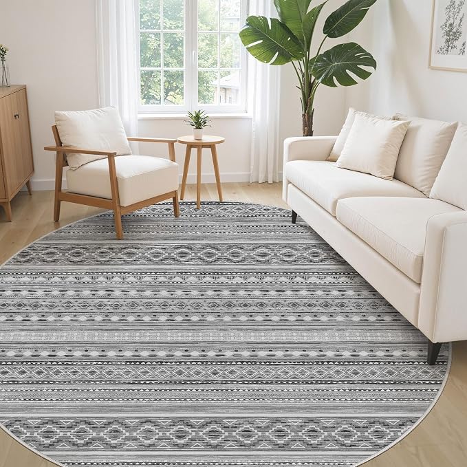 cotiled 8x8 Round Area Rugs Living Room Rug: Washable Boho Rugs with Non Slip Backing Large Soft Indoor Stain Resistant Carpet for Bedroom Farmhouse Dining Room Lightweight Home Decor Beige Grey