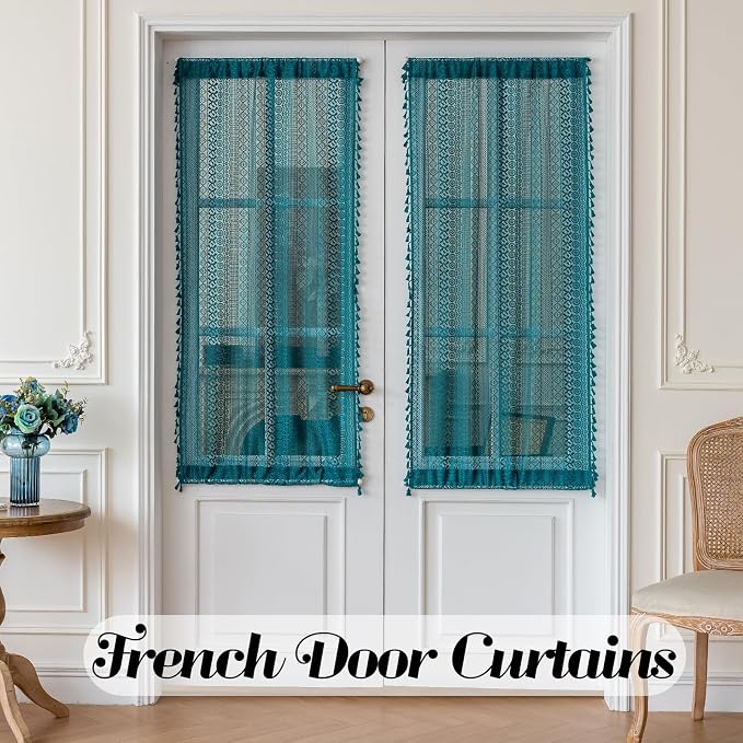 Sutuo Home Teal French Door Curtains for Front Glass Door & Sidelights, Semi Sheer Farmhouse Bohemian Rustic Tassels Vintage Privacy Cottagecore Festival Decor, Rod Pocket 2 Panels 25" W x 72" L Teal