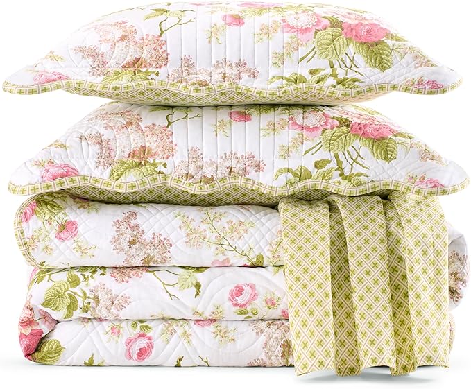 Waverly Emmas Garden Modern Farmhouse Floral 4-Piece Reversible Quilt Bedspread Set, Queen, Blossom