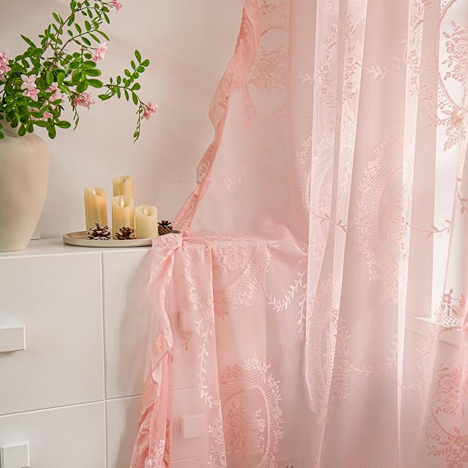 Sutuo Home Pink Lace Curtains Set of 2, Sheer Panels 63 Inch Length Rose Floral Embroidery Vintage Ruffled Window Treatment Pair for Bedroom Living Room, Shabby Chic Decor Rod Pocket, W57 x L63