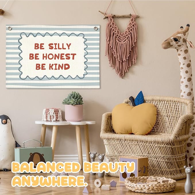 Inspirational Wall Art Banner for Toddler Room Decor, Be Silly Honest Kind, Boy Nursery Decor Boho Retro Wall Hanging Canvas Banner, Classroom Decor for Kids Nursery Toddler Room Bedroom Playroom, 30x20 Inch