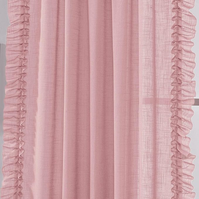 Blush Pink Linen Curtains 63 Inch Length 2 Panels, Each W58 x L63 Inch, Farmhouse Ruffle Curtains for Girls Bedroom, Rod Pocket Privacy Light Filtering Semi-Sheer Scalloped Flowy Window Curtain Panels
