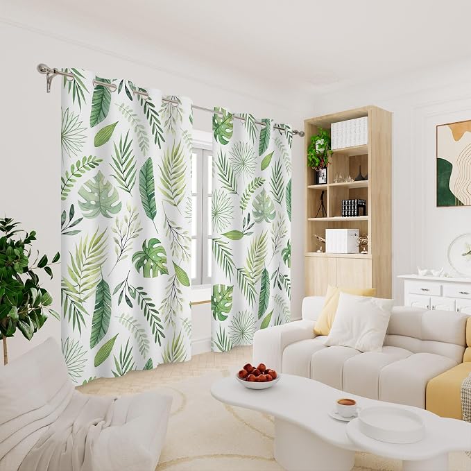 Renaiss Green Leaf Blackout Curtains, Tropical Safari Plants Patterned Thermal Insulated Bedroom Window Curtains, Eucalyptus Botanical Window Drapes for Living Room, 84" L x 53" W 2 Panel Set