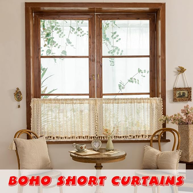 Sutuo Home Beige Boho Short Curtains for Kitchen Window Curtains Over Sink,Sheer Lace Crochet Bohemian Valance Privacy Vintage Chic Tassels Rustic Small Window Decor Rod Pocket,2 Panels 50" W x 18" L