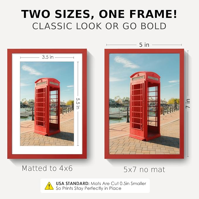 FLYJOE 5x7 Picture Frame for 4x6 Photo, Minimalist Aluminum Frame, Red | Sleek Metal Wall Frame for Gallery, Desk, or Gift Giving | Shatterproof Glass & Wall Kit
