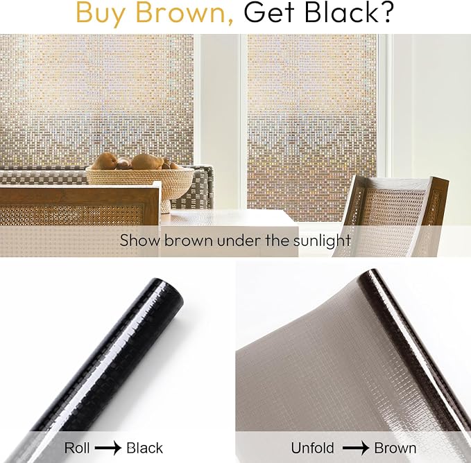 rabbitgoo Window Privacy Film, Mosaic Stained Glass, Brown 35.4" x 78.5" | Rainbow Decorative Removable Static Cling Tint, UV Blocking Reduce Heat, Non-Adhesive Privacy Covering for Home, Office