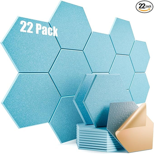 22 Pack Self-adhesive Acoustic Panels 12" X 10" X 0.4" - Sound Proof Foam Panels with High Density, Stylish Hexagonal Design, Flame Resistant, Absorb Noise and Eliminate Echoes(Light Blue)