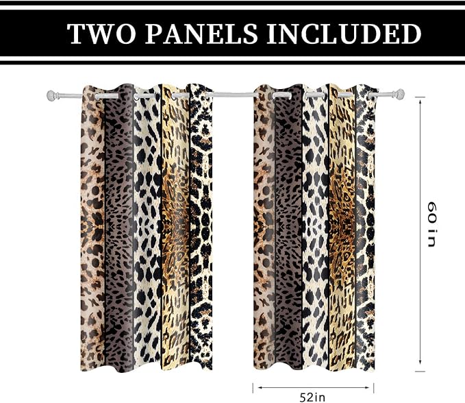 Wild Animal Print Curtain, Room Darkening Thermal Insulated Blackout Leopard Boa Window Drapes with Grommets for Living, Dining, Bedroom, Grey Leopard Print, 52"x 60", 2 Panels