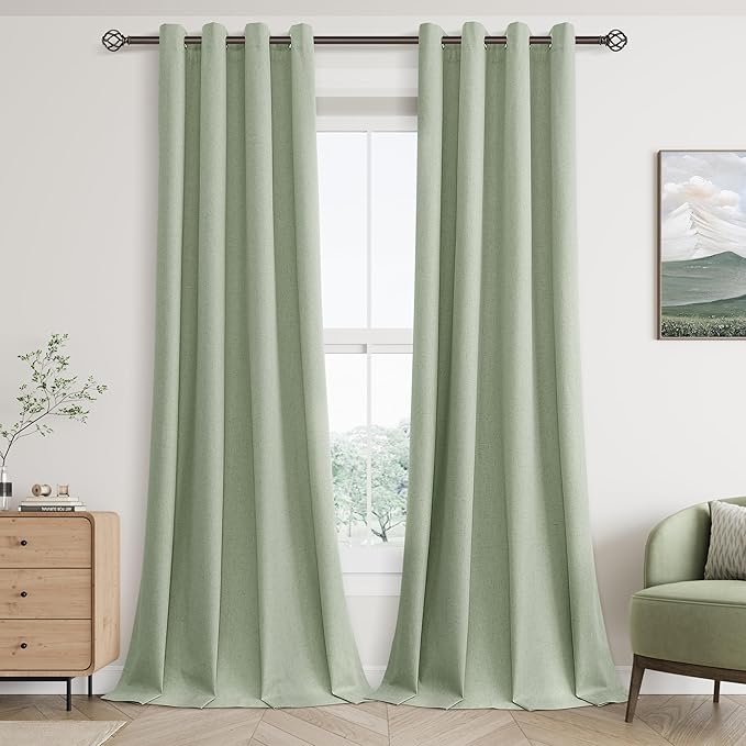 Jowels Light Sage Green Linen Blackout Curtains 96 Length 2 Panels Set for Living Room Bedroom, 100% Black Out Thermal Insulated Linen Drapes, Room Darkening Grommet Curtains 96 Inches Long