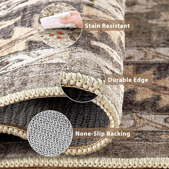 Vintage Hallway Runner Rug 3x12: Large Soft Washable Entryway for Kitchen Laundry Room Non-Slip Backing Runner for Entrance Living Room Bedroom Bathroom - Brown