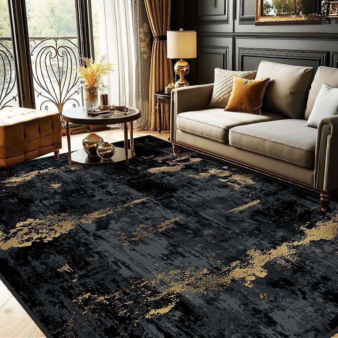 RELEANY Washable Area Rugs 10'x12' Non-Slip Modern Abstract Soft for Living Room Entryway Bedroom Kitchen, Print Pattern, Dark Black Gold