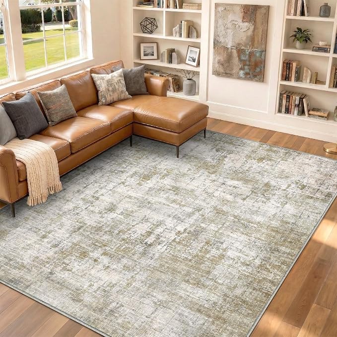 10x14 Area Rugs Washable Living Room Rug-No Slip Soft Carpets Modern Abstract Indoor Floor Stain Resistant Large Carpet for Bedroom Dining Room Farmhouse Nursery Home Office Tan