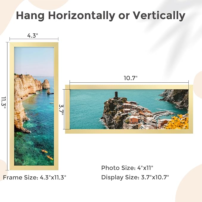 FLYJOE 4x11 Metal Frame - Gold Aluminum Photo Frames-Real Real Glass,Tabletop Display,Mounting Horizontally or Vertically Decor for Wall Gallery Poster 11x4 Photo Frames, Gold