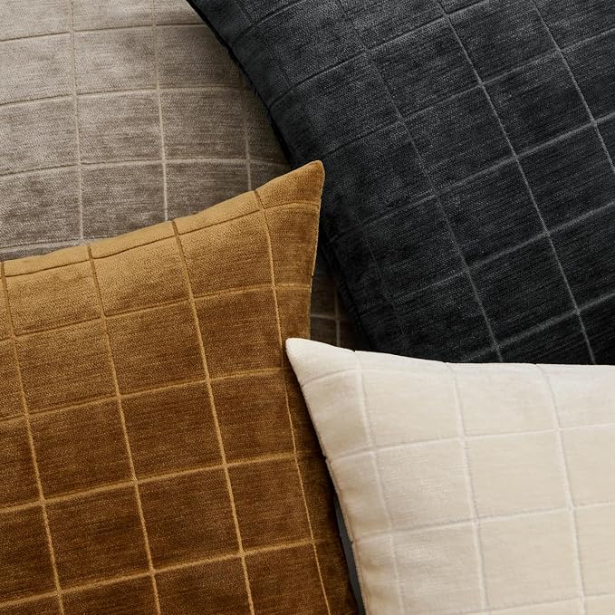 MIULEE Black Plaid Decorative Throw Pillow Covers 20x20 Set of 2 | Vintage Check Chenille Couch Pillows Neutral Boho Farmhouse Cushion Covers Modern Home Decor for Sofa Bed Living Room